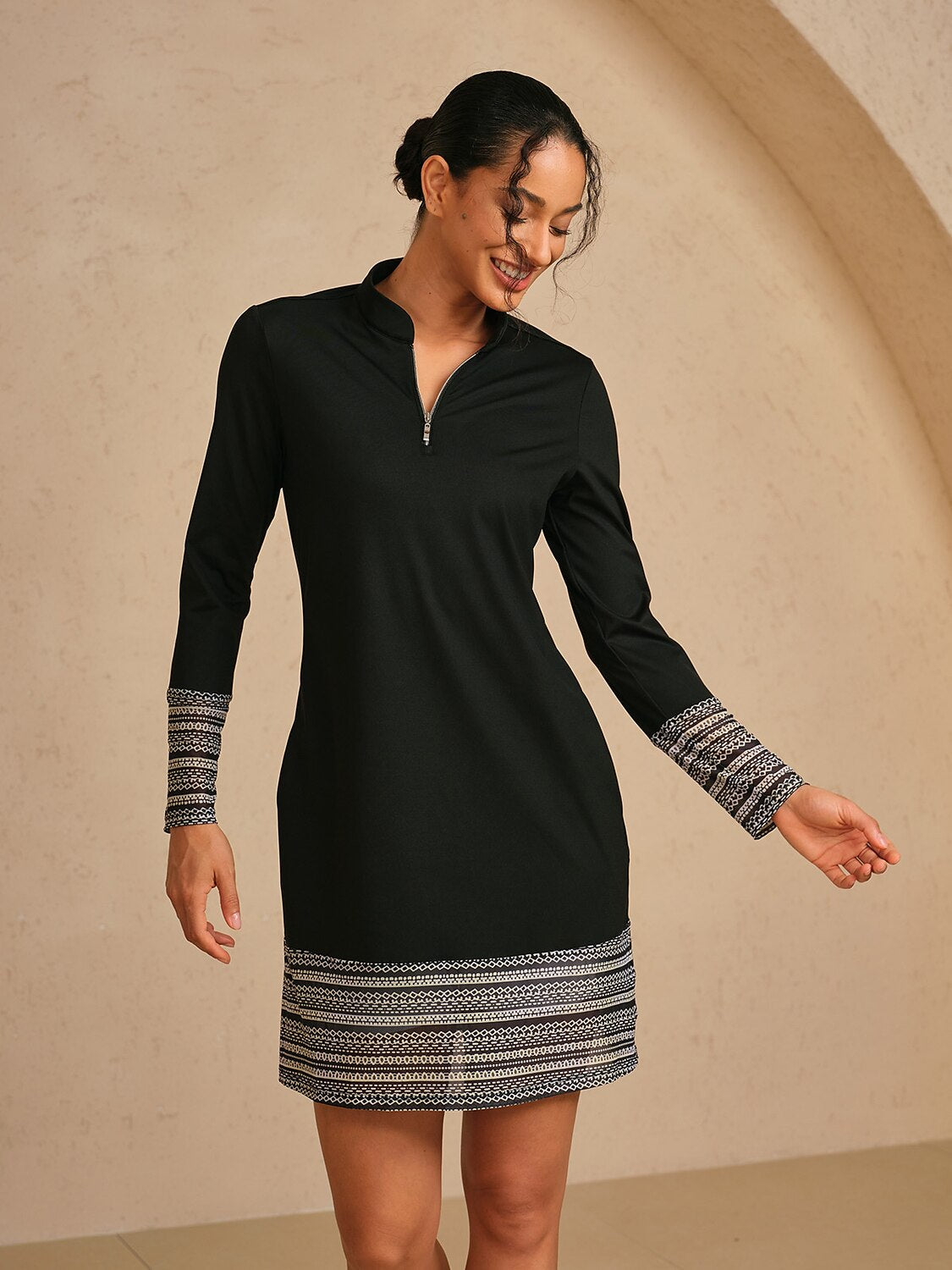More Than Basic Long Sleeve Printed Mesh 36.5 Inch Dress UPF50+