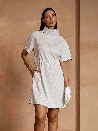 UltraSoft Short Sleeve Drawstring Mock Neck 37 Inch Dress